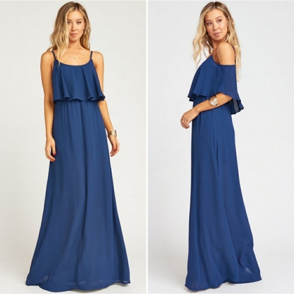 Show Me Your Mumu Caitlin Ruffle Maxi Dress Rich Navy Crisp Bridesmaid